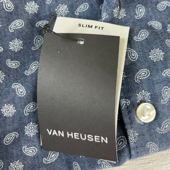 Van Heusen Button Front Shirt Mens Size 18-18.5 Blue New Slim Fit Never Tuck - Picture 11 of 11